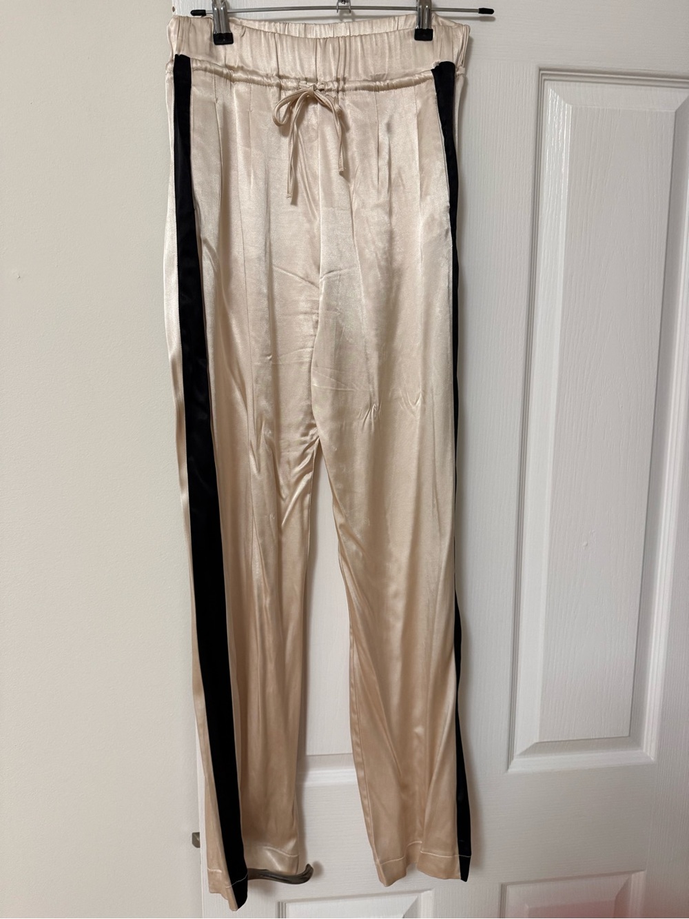 Zara Satin Drawstring Track Pants in Champagne with Black Side Stripes